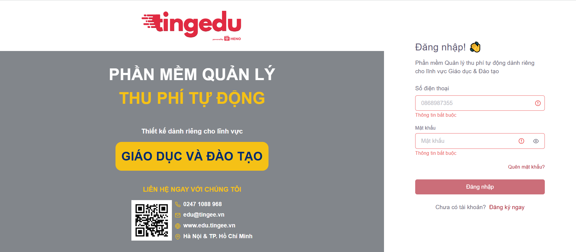 Giao diện đăng nhập TINGEDU