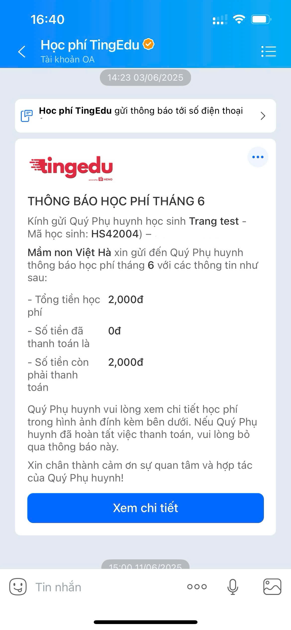 Thông báo học phí