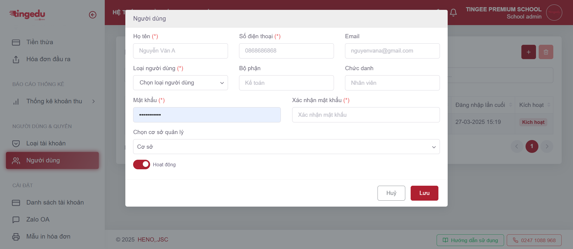 Form tạo người dùng