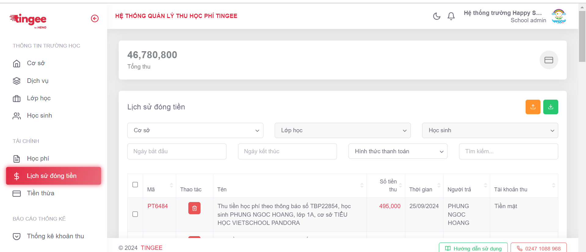 Menu lịch sử đóng tiền